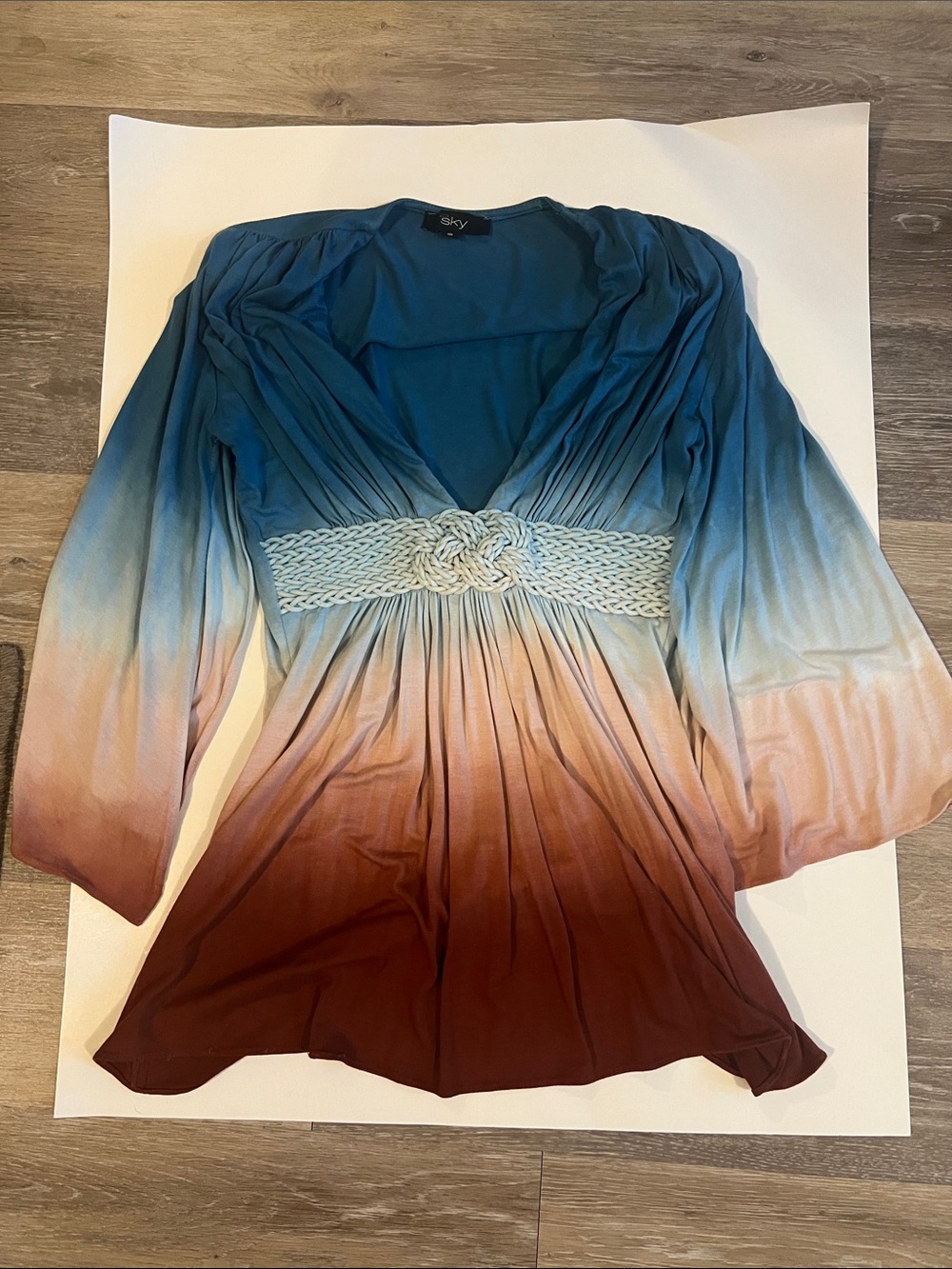 Sky Ombre V-Neck Tunic Top in Teal, Cream & Brown